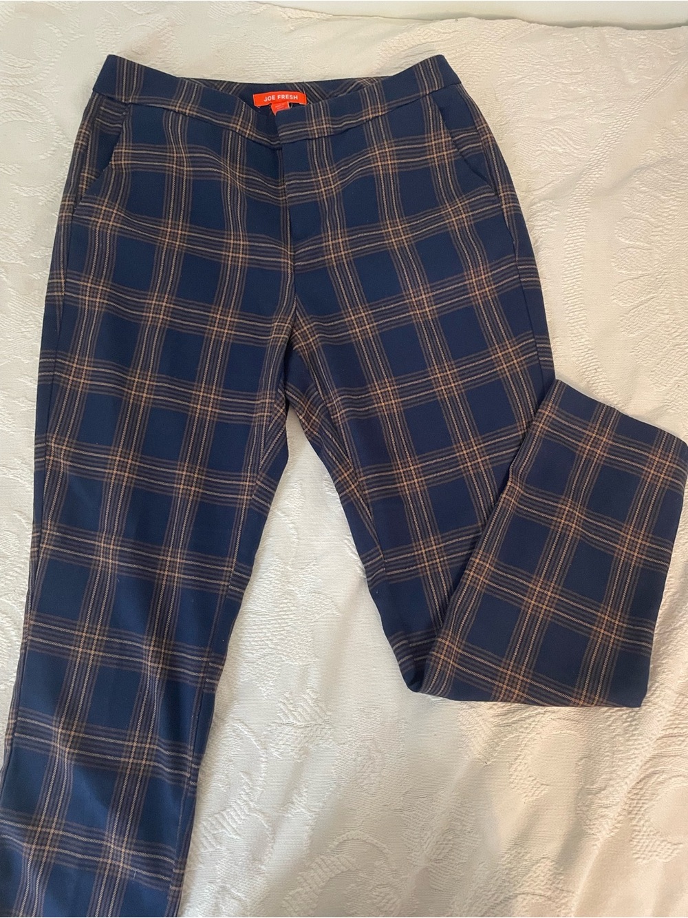 Joe Fresh Women's Navy Plaid Cropped Dress Pants